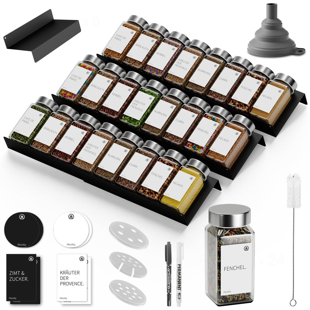 Miorkly Gewürzgläser mit Gewürzregal - 24 Eckige Edelstahl Gewürzdosen mit Etiketten (120ml) &amp; 6pcs