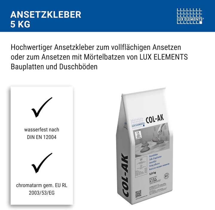 LUX ELEMENTS Ansetzkleber COL-AK 5kg I Fertig vorgemischter Trockenmörtel für Ansetzen, Nivellieren