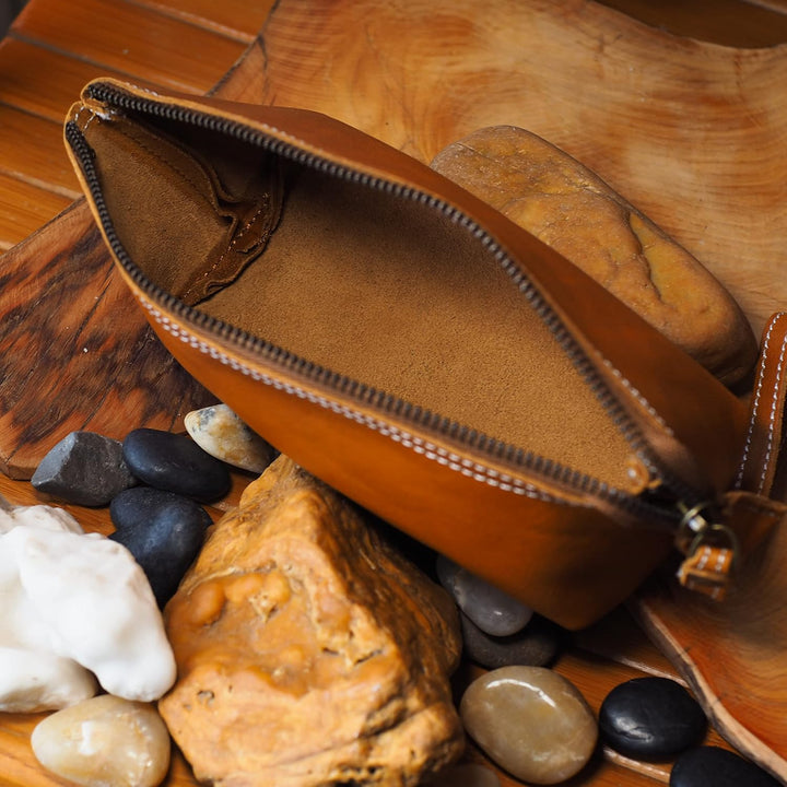 BAWAKO Premium Kosmetiktasche Schminktasche aus hochwertige Echtleder, Schickes Federmäppchen Kleine