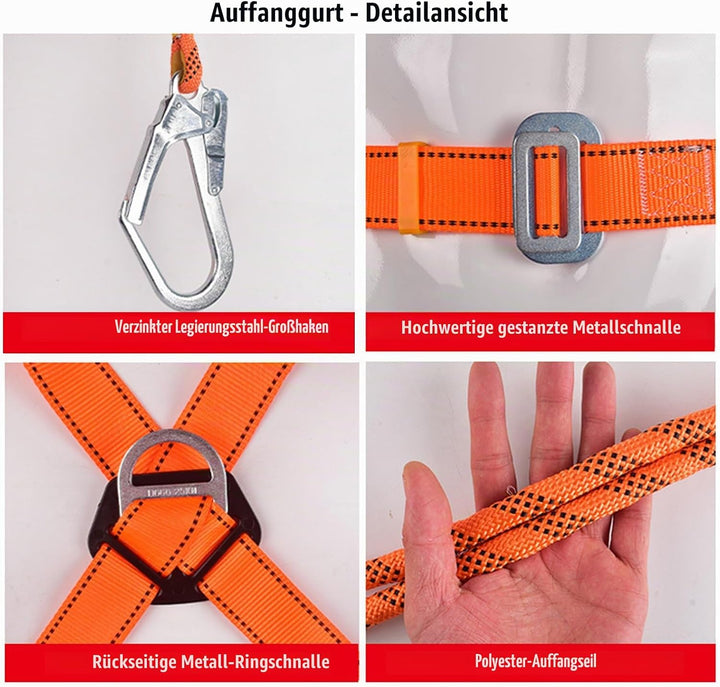 WEIKAXIMU Auffanggurt Fallschutz Sets: 5-Punkt Auffanggeschirr zur Absturzsicherung, 2 Haken, 2m Sic