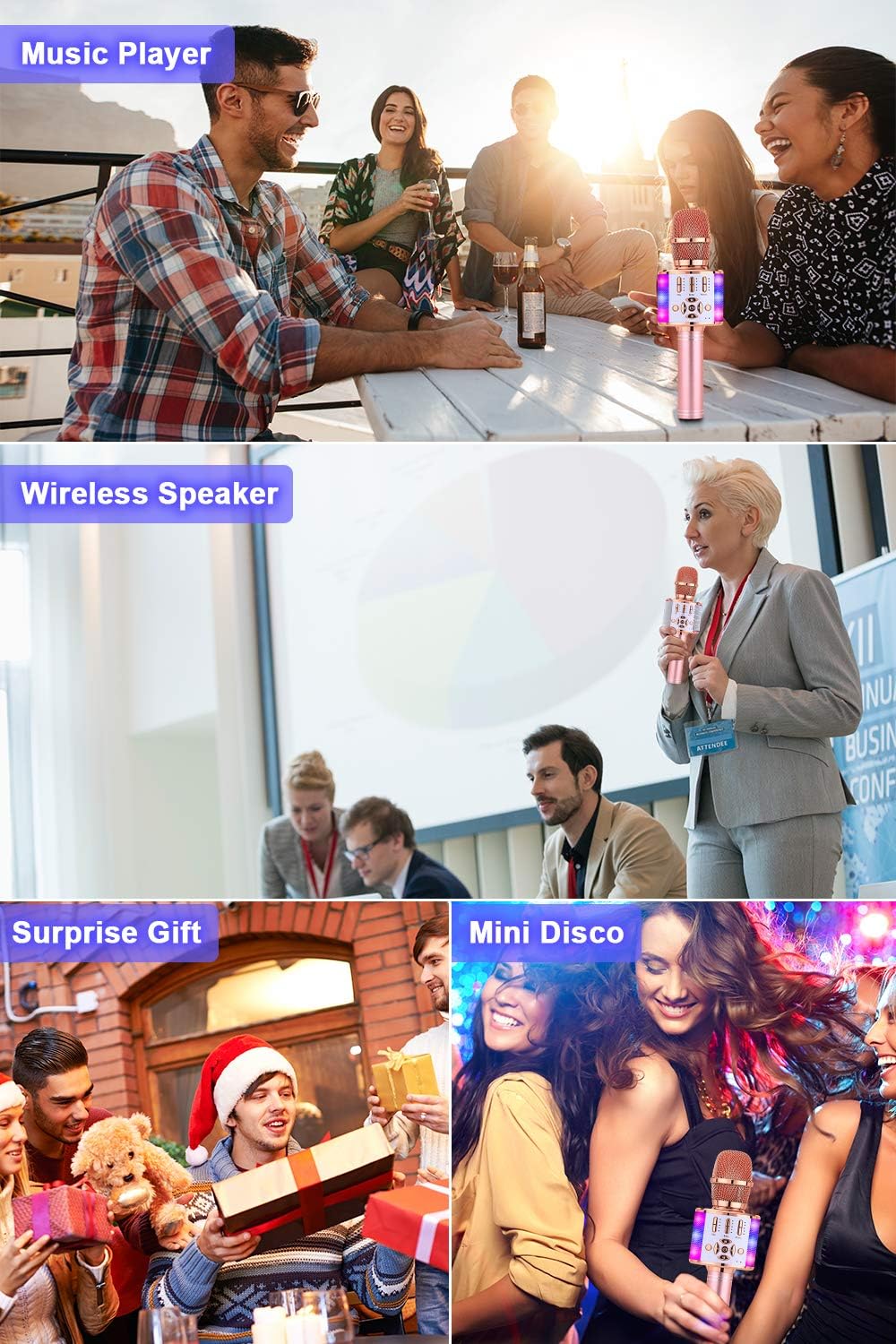 BONAOK Karaoke Mikrofon Bluetooth, 4 in 1 Drahtlos Karaoke Mikrofone,Tragbare LED Kinder Karaoke Mik