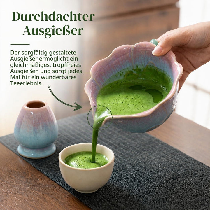 Matcha Set 5-teilig, Matcha Schale mit Ausgiesser in Blumenform Blau Rosa, Chasen, Bambusbesen, Chas
