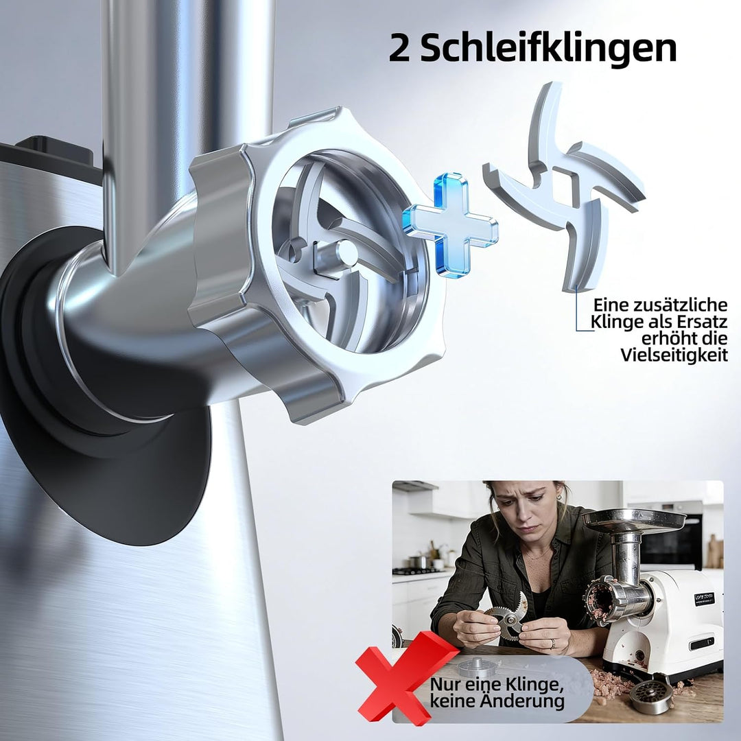 FIMEI Elektrischer Fleischwolf, 4-in-1 Fleischwolf mit 3 Lochscheiben, 2 Klingen, 3 Wurstfüller, Kub