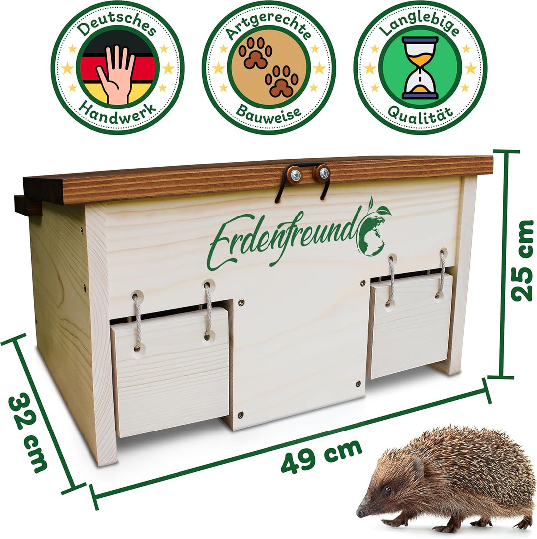 ERDENFREUND® Igelfutterhaus mit Rattenklappe + 2er Set Wasser- & Futternapf Igelhaus mit Rattenklapp