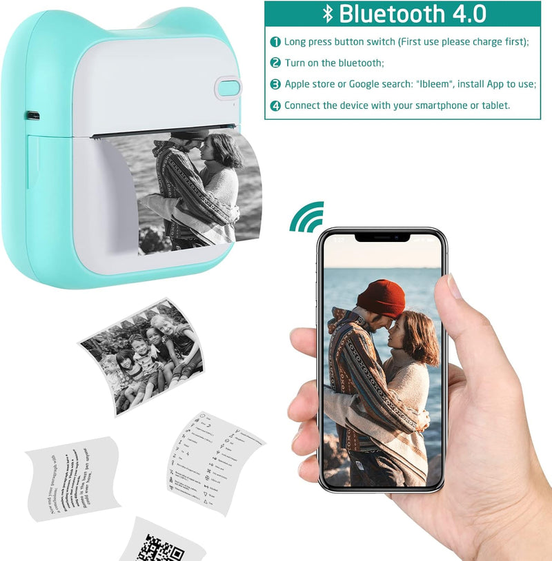 Jooheli Mini Drucker, Tragbarer Mini Fotodrucker für Smartphone, Pocket Thermodrucker mit 11 Rollen