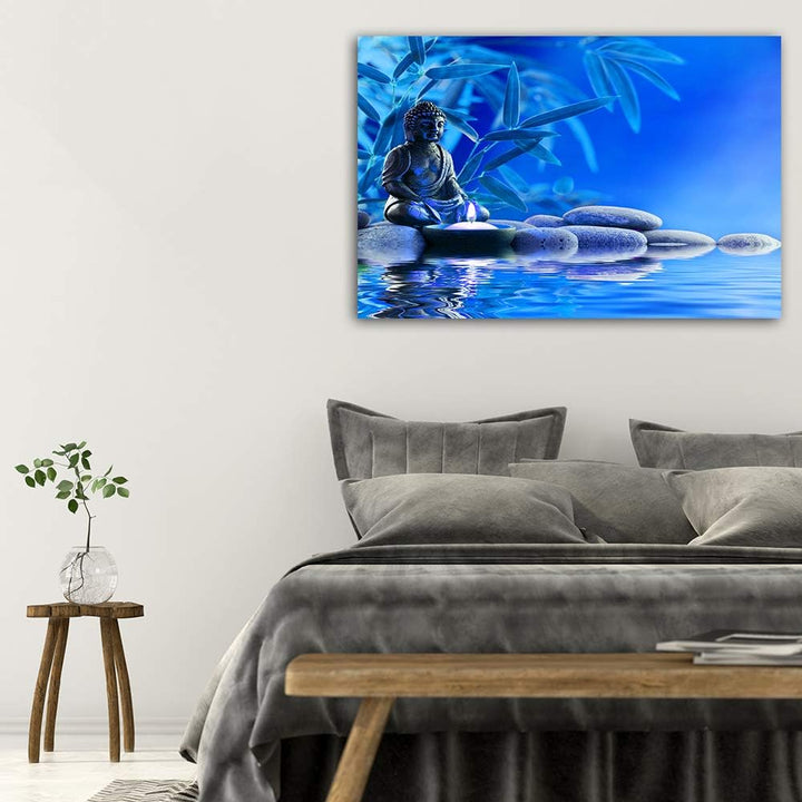 Feeby Leinwandbild Buddha 5 TLG Bild Kunstdruck Wasser Steine Blätter blau 100x70 cm Leinwandbild 10