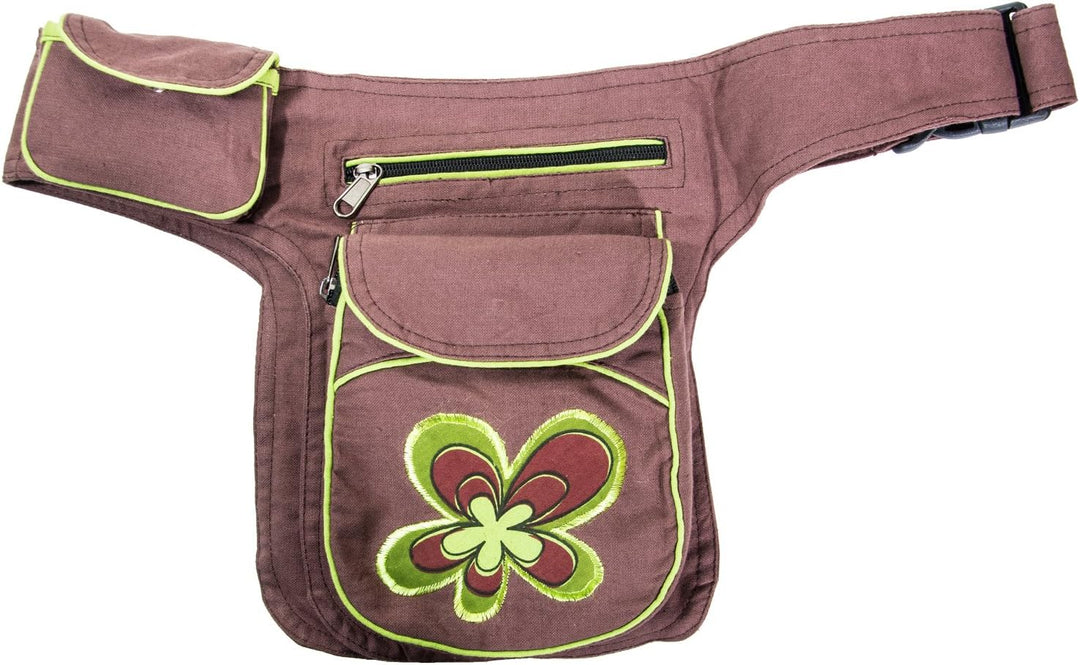 KUNST UND MAGIE Doppel Bauchtasche Sidebag Gürteltasche Festivaltasche, Farbe:Braun/Lemon, Braun/Lem