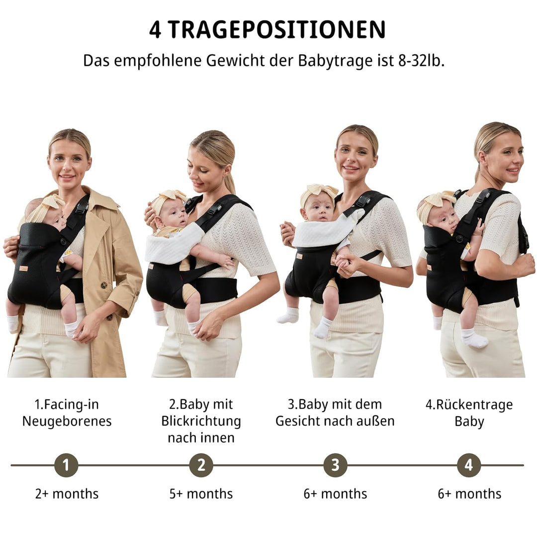 CUBY Sommer Babytrage Neugeborene ab Geburt, 4-in-1 Magnetische Babytrage mit Schnappverschluss mit
