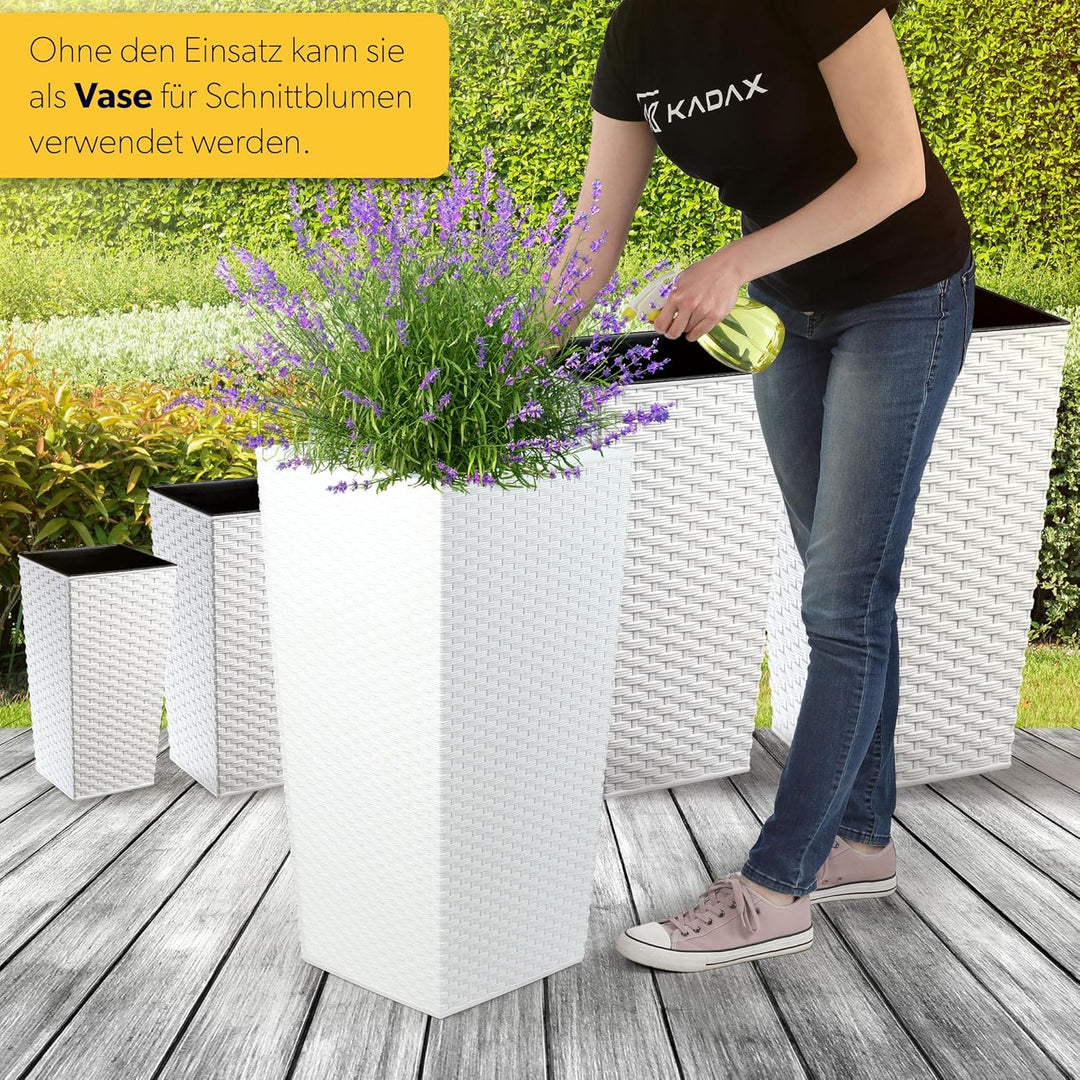 KADAX Pflanzkübel mit Innentopf, Höhe 68cm, Weiss Rattan – Wetterfester Blumentopf für Innen & Ausse