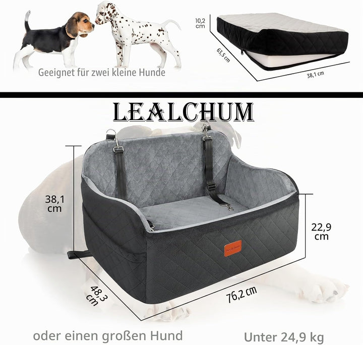 Hundeautositz bis zu 55 lb, 2 Clip-On Sicherheitsleinen verstellbares Hundebett für 2 kleine Hunde,