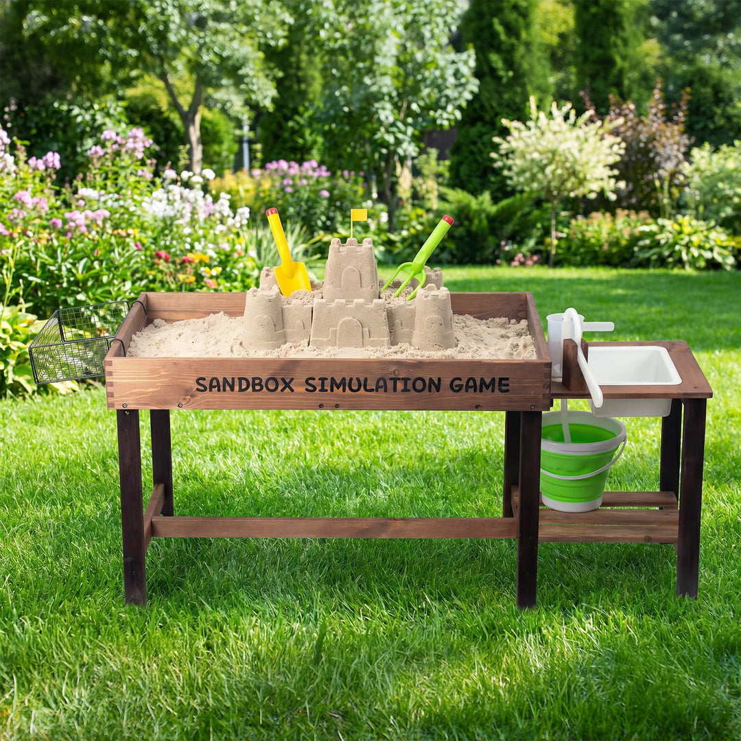 WOODENFUN Matschküche für Kinder Outdoor Sandkasten mit Dekoration Holz Zubehör, Spülen, Eimer, Sand