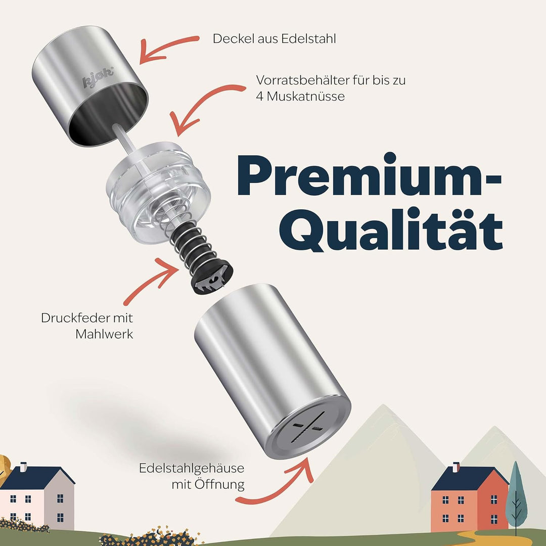 kjøk Premium Muskatnuss Mühle Edelstahl gebürstet Muskatmühle mit Vorratsbehälter Muskat Mühle auch