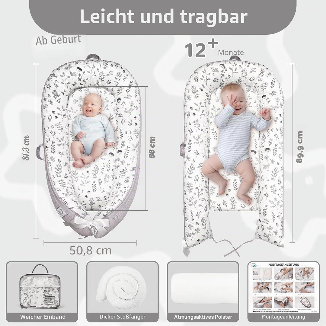EAQ Babynest Nestchen Baby Weiches Atmungsaktives baby bett Blätter Hellgrau, Blätter Hellgrau