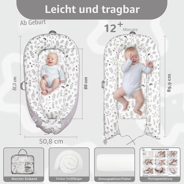 EAQ Babynest Nestchen Baby Weiches Atmungsaktives baby bett Blätter Hellgrau, Blätter Hellgrau