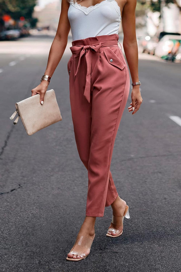 ONAYEYO Damen Casual High Waist Hose Einfarbig Elegant Lang Hosen Elastische Taille Carpi Hose mit B