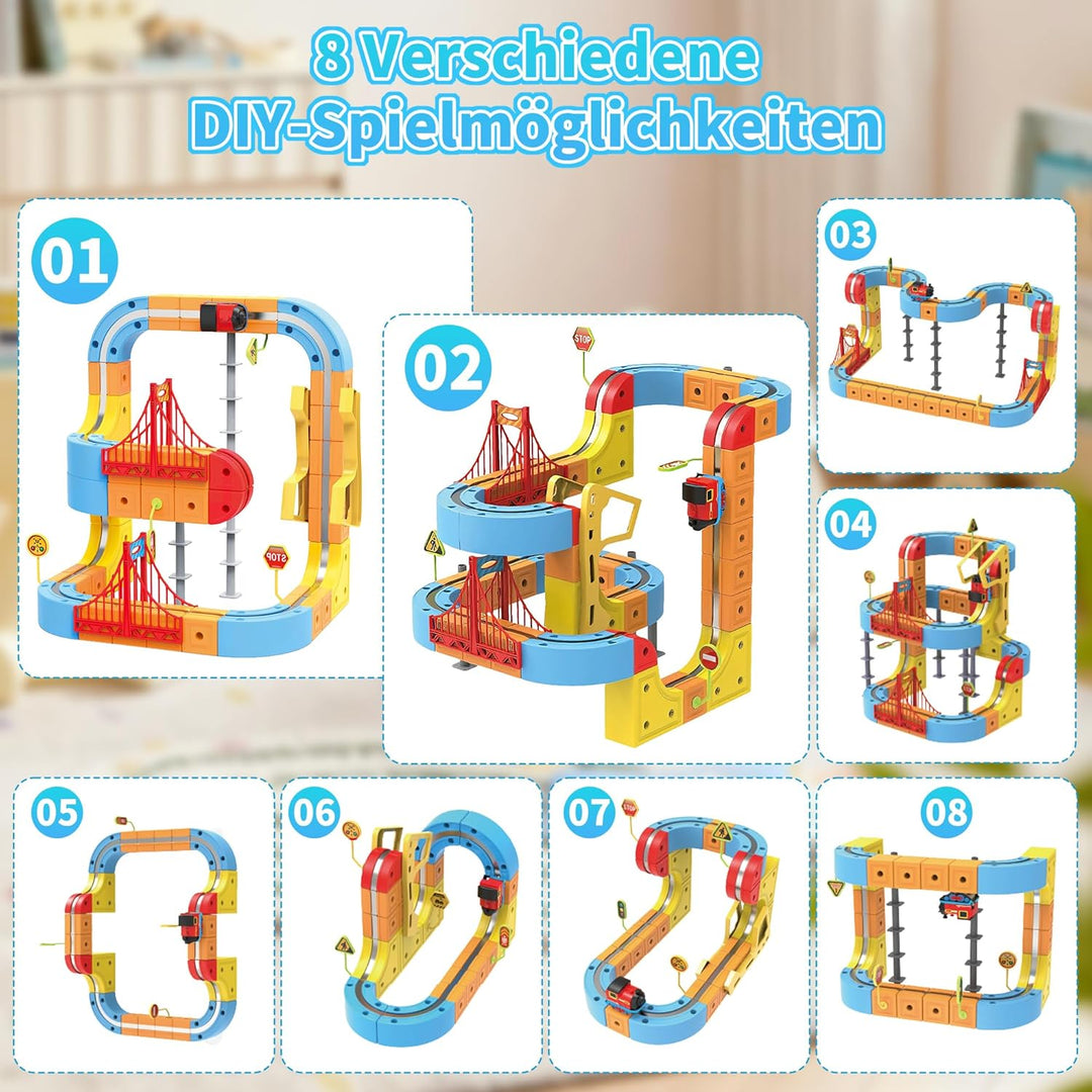 Clickrail Electric Train Set Flexible Race Track, Block Zug mit Dinosaurierspielzeug/Kokospalme/Aufk