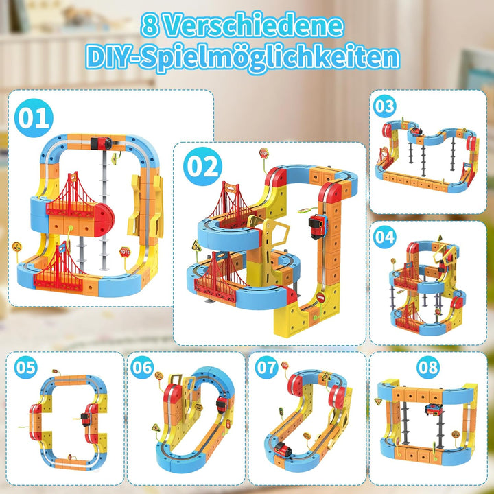 Clickrail Electric Train Set Flexible Race Track, Block Zug mit Dinosaurierspielzeug/Kokospalme/Aufk