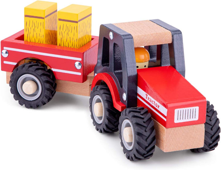 Woet® Holzspielzeug Traktor mit Anhänger für Kinder - Mit Heuballen - Bauernhof Fahrzeug Spielset -