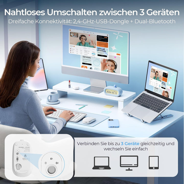 seenda MOU001 Bluetooth Maus, Leise, 3 Geräte Verbindung, Weiss-Silber | USB + Dual-Bluetooth, 3 DPI