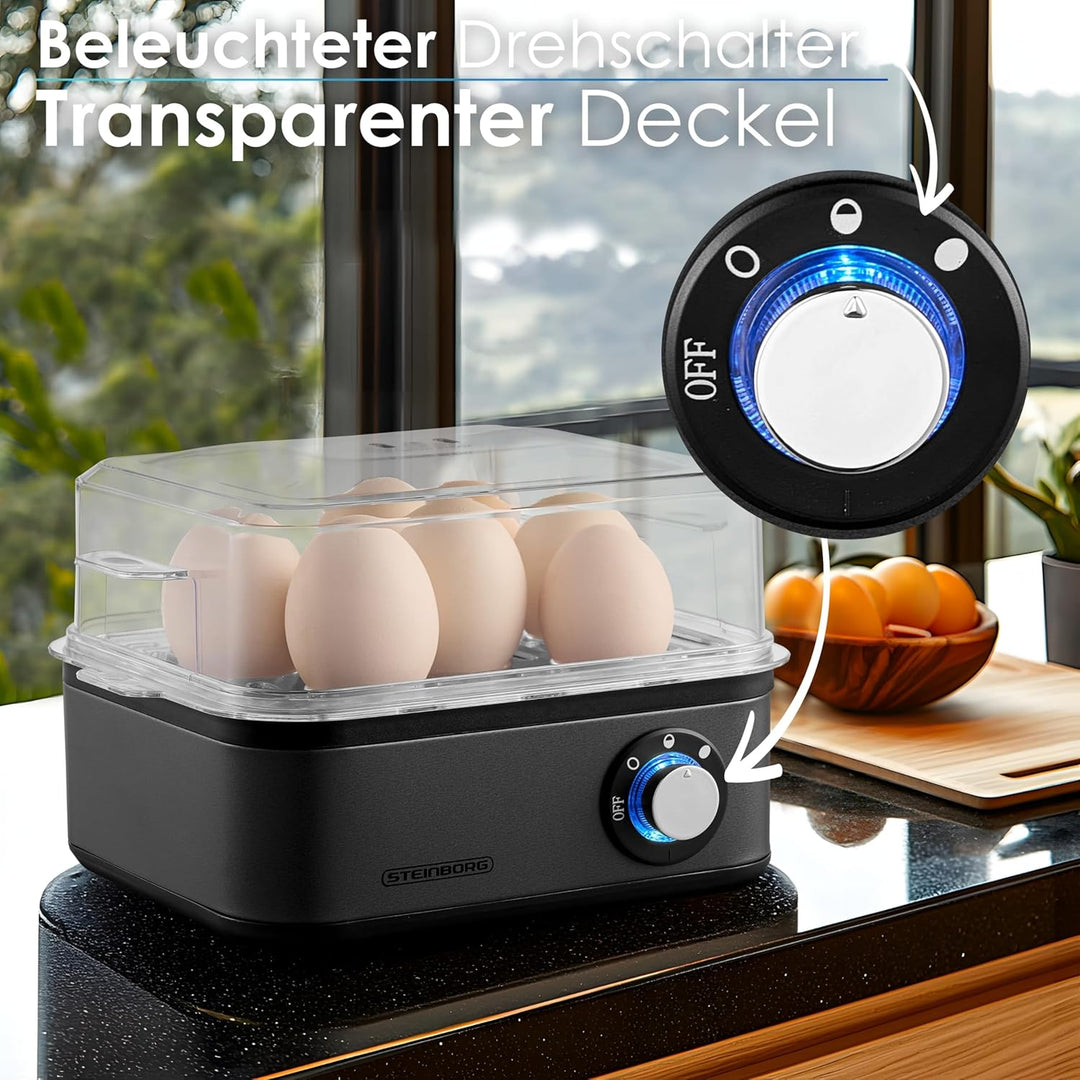 Eierkocher für 1 bis 8 Eier | Warmhaltefunktion | Elektrischer Eierkocher aus Edelstahl 500 Watt | 3