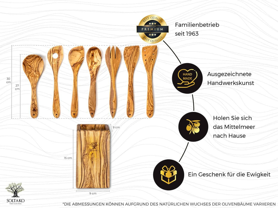 SOLTAKO Olivenholz Löffel Besteck Kochlöffel Reislöffel Spatel Schöpfkelle Salatbesteck Salatlöffel