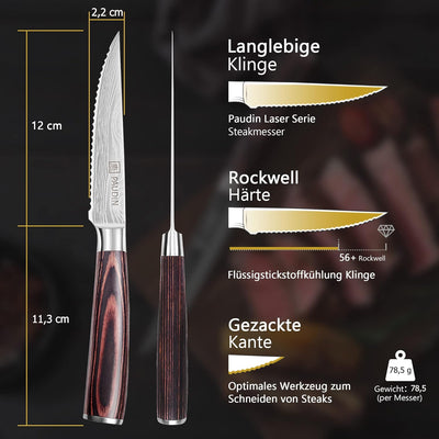 PAUDIN Steakmesser 8-teilig Set, Hochwertige Deutsche Edelstahl Steak Messer, Ultrascharfe Gezackte