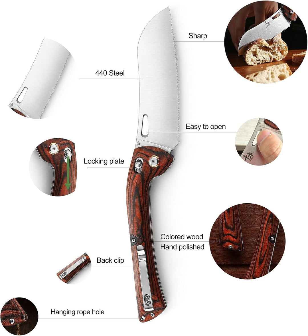 SENBON 440 Sharp Falten Gebäckmesser Bunte Holzgriff Camping Grill Outdoor Back Clip Tragbares Brot