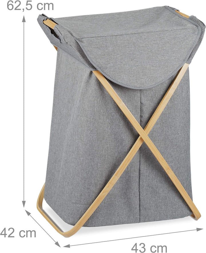 Relaxdays Wäschekorb, klappbarer Wäschesammler mit Deckel, 58 L, tragbar, Bambus & Stoff, 62,5 x 43