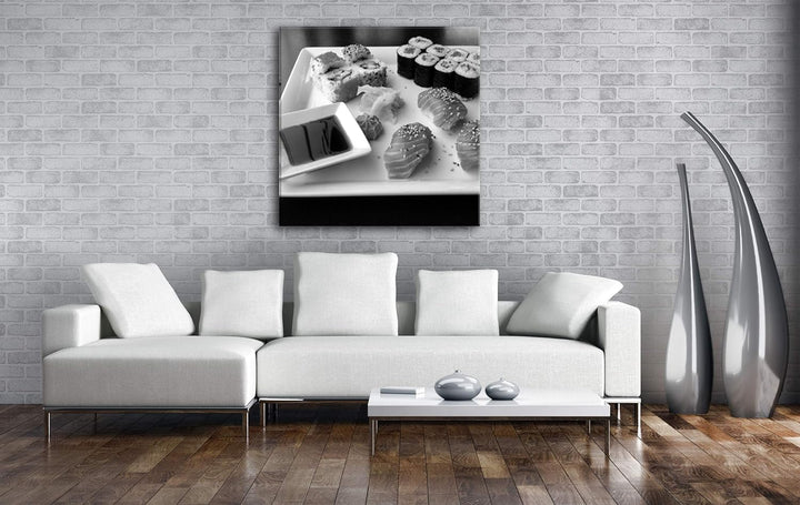 deyoli köstliches Sushi mit Sojasosse im Format: 60x60 Effekt: Schwarz&Weiss als Leinwandbild, Motiv