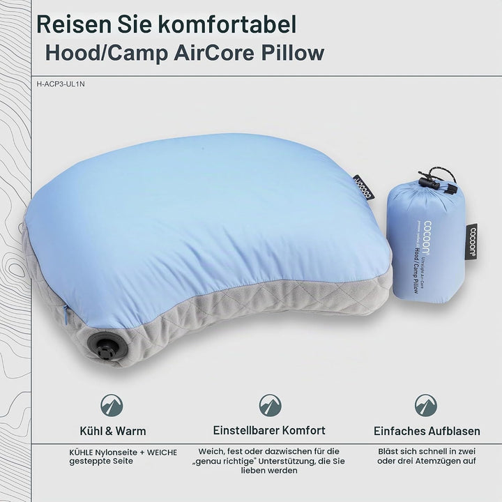 COCOON Air-Core Hood Camp Pillow - aufblasbares Camping- und Reisekissen, Farbe:light blue - hellbla