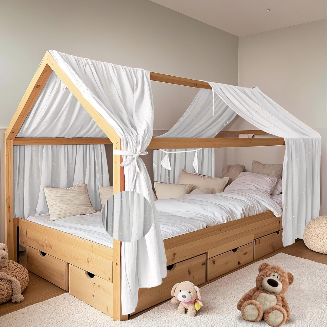 Hausbett Himmel mit Gold Applikation 2 Stück, handgefertigt aus 100% Baumwoll-Musselin, Stoffhimmel