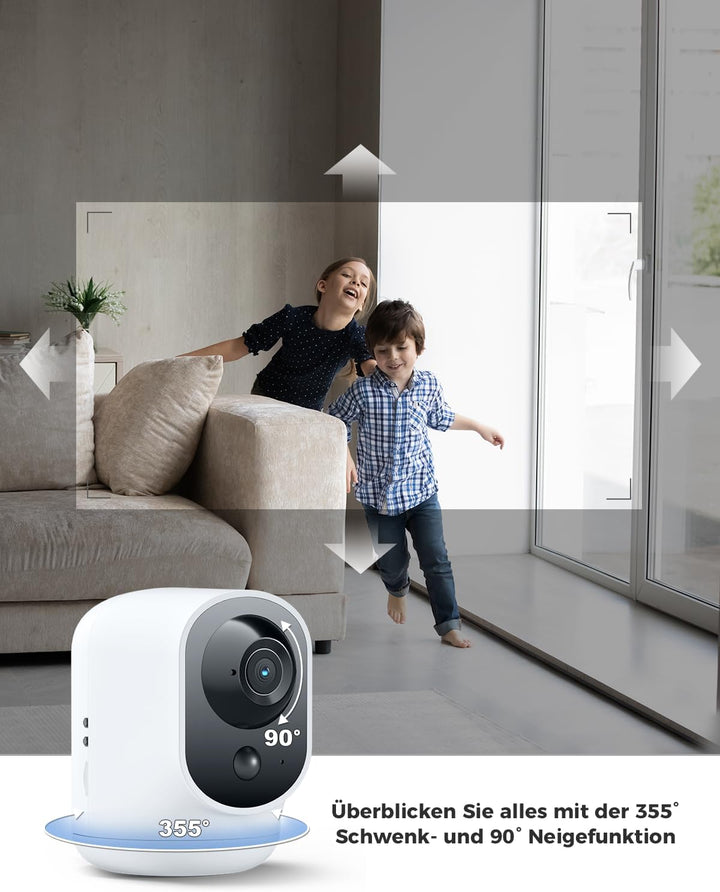 COCOCAM 2K Überwachungskamera Innen WLAN mit 5200mAh Akku, kabelloser 355°P 90°T, Baby Monitor Haust