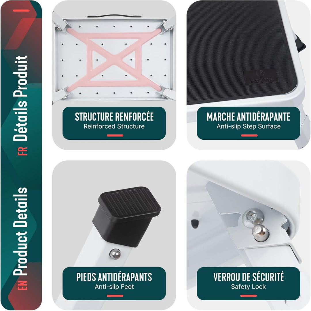 VOUNOT® Metall Tritthocker klappbar, 3-stufig höhenverstellbarer Klapptritt, tragbare Trittstufe mit