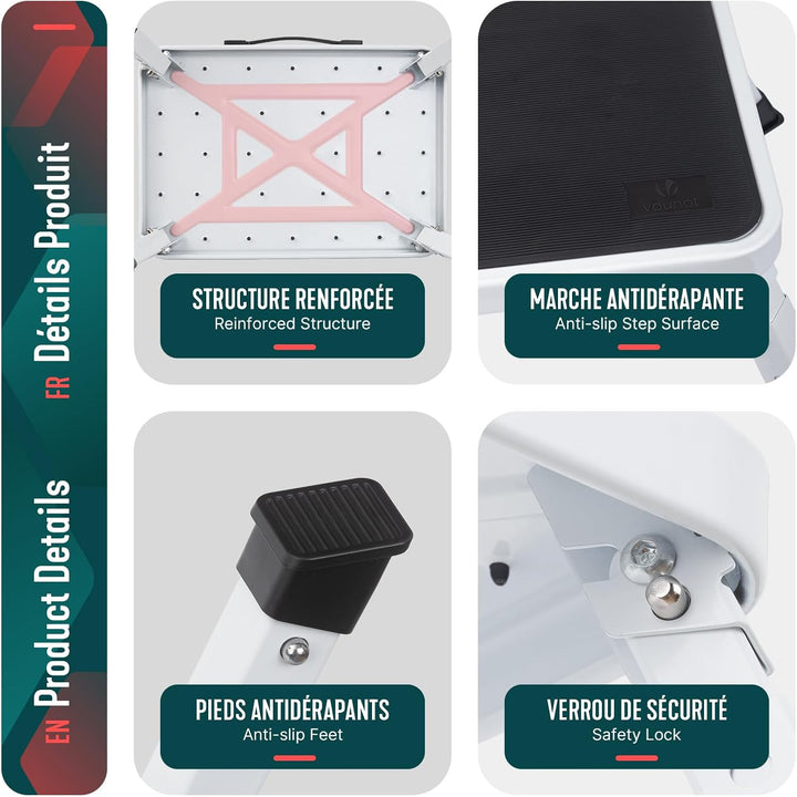 VOUNOT® Metall Tritthocker klappbar, 3-stufig höhenverstellbarer Klapptritt, tragbare Trittstufe mit