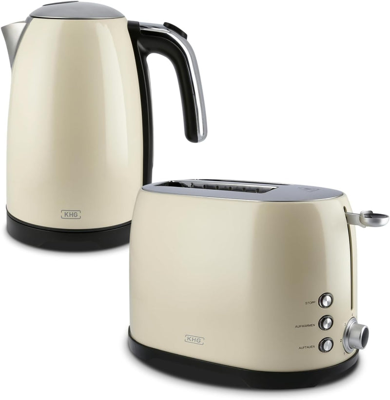 KHG Frühstücksset Wasserkocher & Toaster Creme Beige Retro Vintage, Kapazität 1,7 Liter & 2 Toastsch