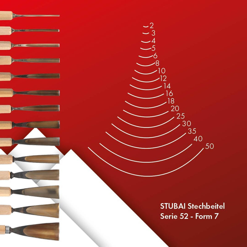 STUBAI Stemmeisen Stechbeitel Serie 52 - Form 7 | Gerades Hohleisen - 16 mm, mit Holzgriff, für Figu