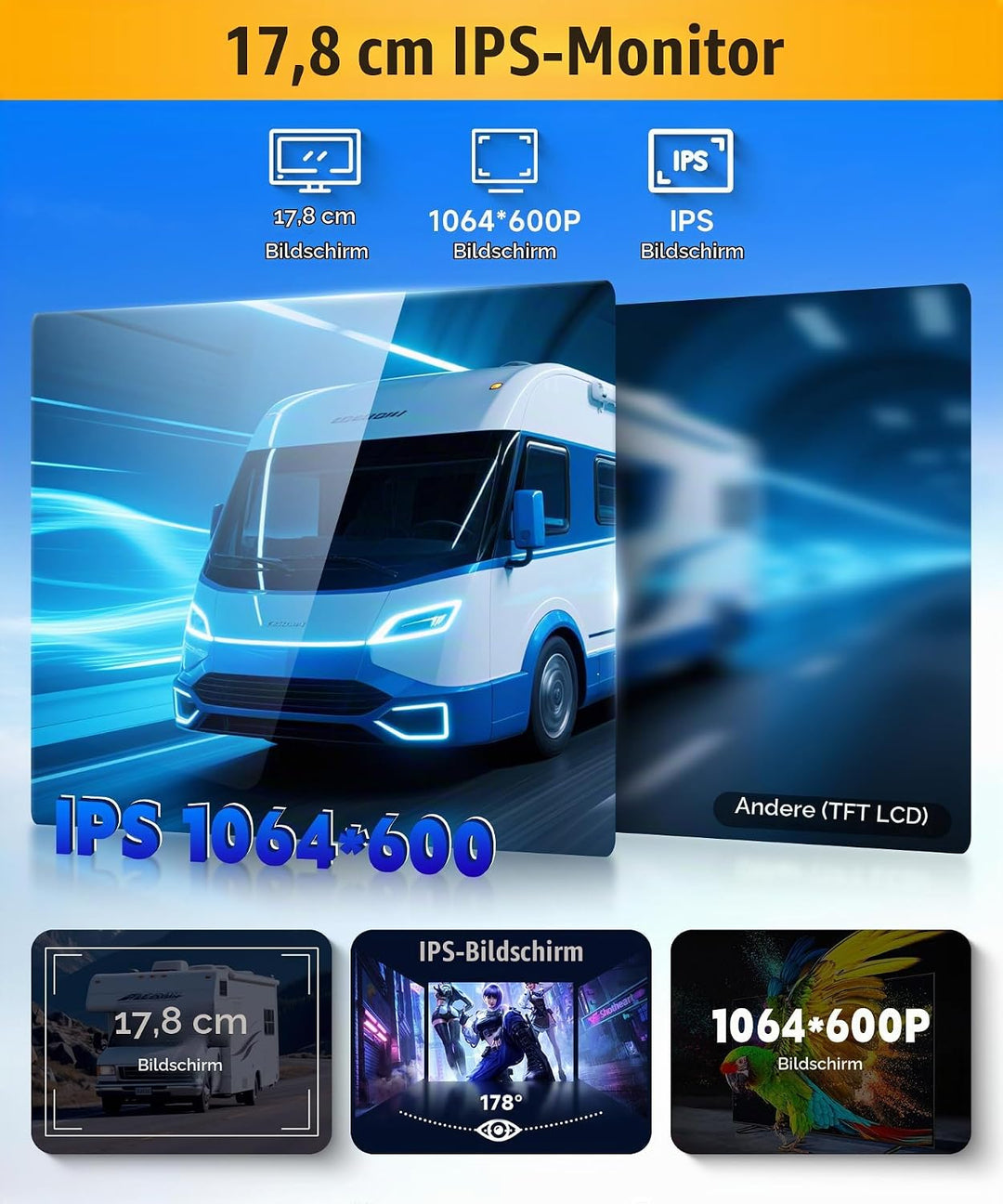 1080P HD Rückfahrkamera Kabel mit 7 Zoll IPS Monitor Kit Einparkhilfe,1024 * 600,IP69 AHD Rückfahrka
