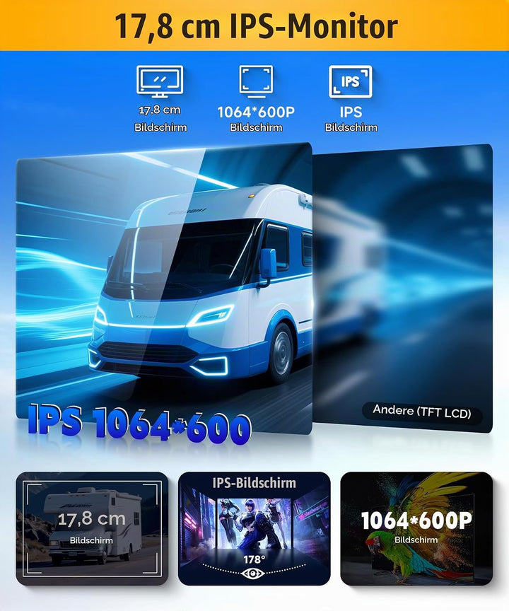 1080P HD Rückfahrkamera Kabel mit 7 Zoll IPS Monitor Kit Einparkhilfe,1024 * 600,IP69 AHD Rückfahrka