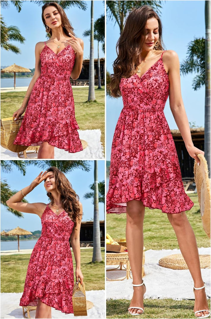 ULTRANICE Damen Sommerkleider Blumenmuster Kleid V-Ausschnitt Strandkleid Verstellbaren Spaghettiträ