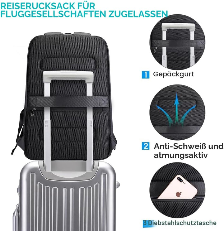 BANGE Business-Smart-Rucksack, wasserdicht, 39,6 cm (15,6 Zoll), Laptop-Rucksack mit USB-Ladeanschlu
