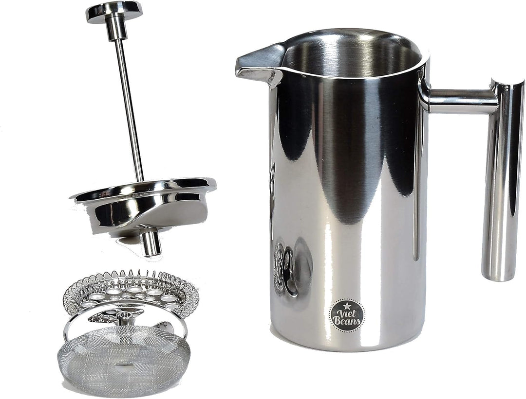 VietBeans French Press – Doppelwandiger Thermo-isolierter Kaffeebereiter Teebereiter - Polierter Ede