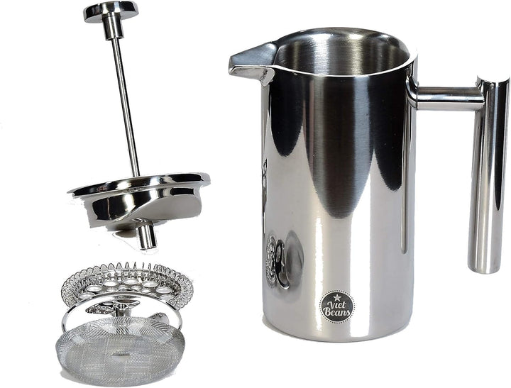 VietBeans French Press – Doppelwandiger Thermo-isolierter Kaffeebereiter Teebereiter - Polierter Ede