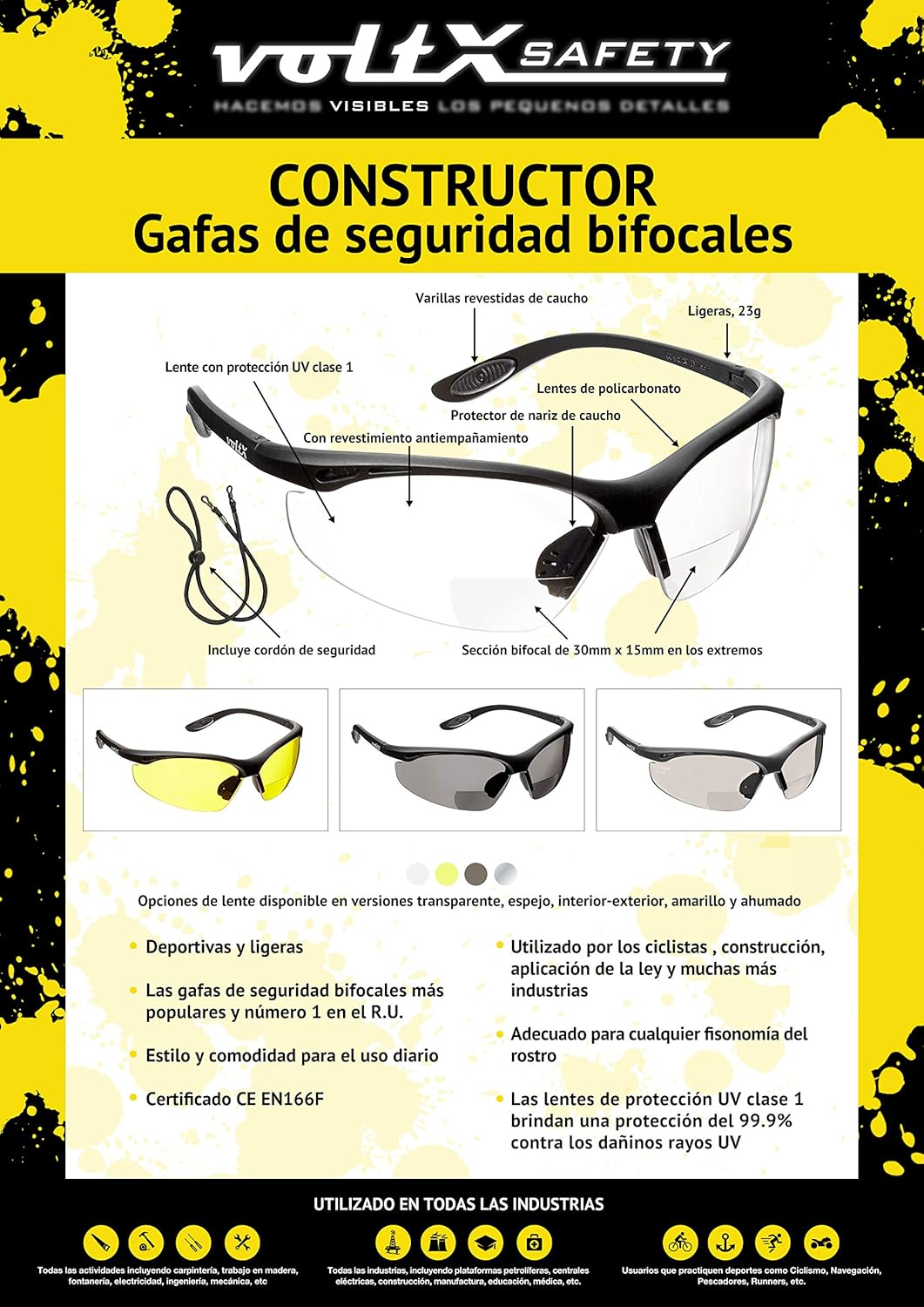 3 x voltX 'Constructor' BIFOKALE Schutzbrille mit Lesehilfe (+2.0 Dioptrie klare, gelbe & rauchgraue