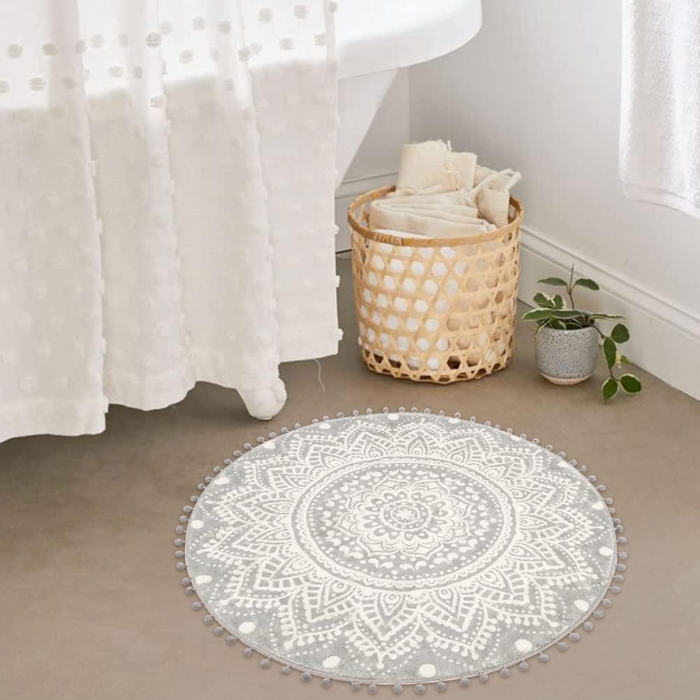 Uphome Runder Boho-Badteppich, 6,9 cm Durchmesser mit Pompom-Ball, Fransen, Vintage-Stil, Mandala, S