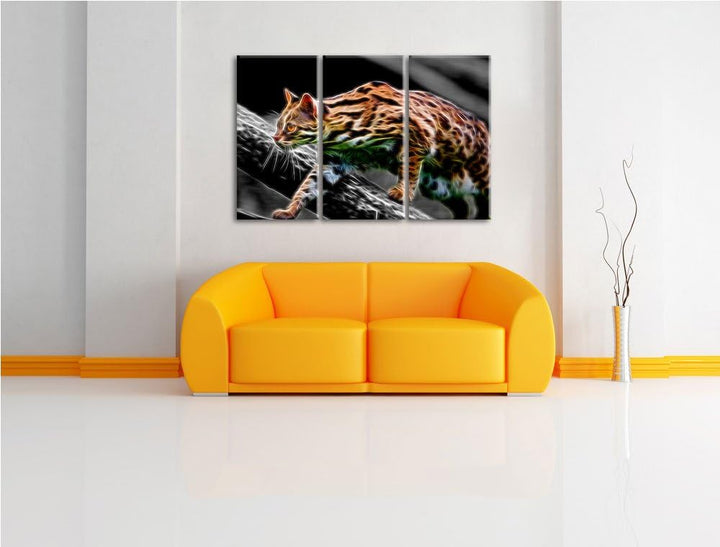 Dark stolzierende kleine Marmorkatze schwarz/weiss Deluxe 3-Teiler Leinwandbild 120x80 Bild auf Lein
