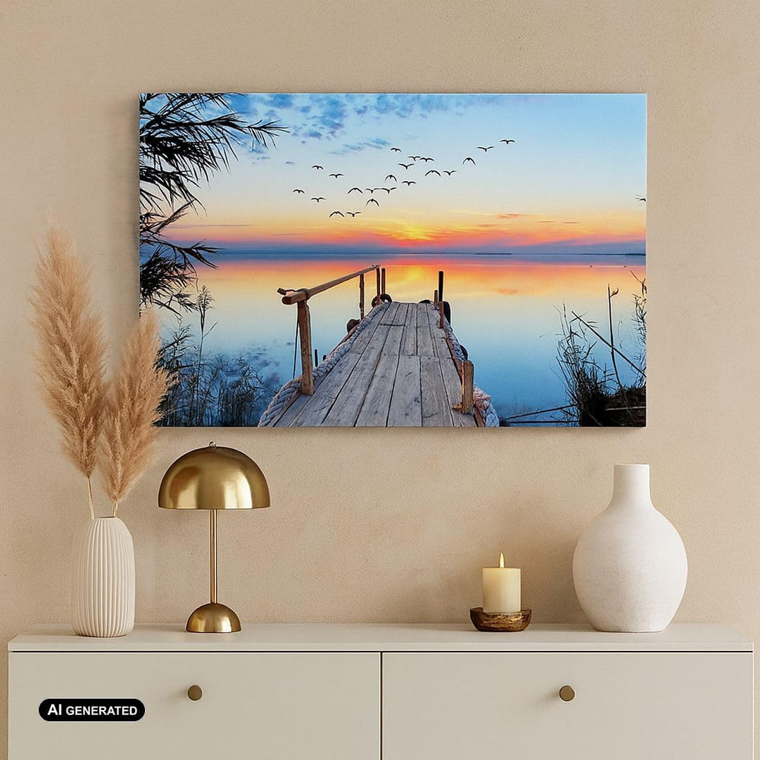 ARTTOR Bilder auf Leinwand 100x70cm Leinwandbild mit Rahmen Brücke See Gross Wanddeko Bild Schlafzim