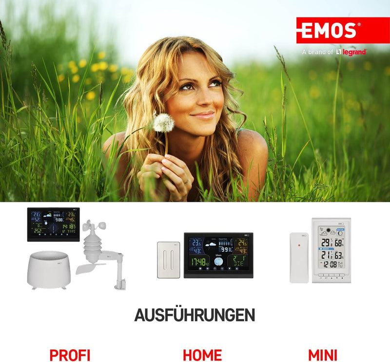 EMOS Profi Wetterstation Funk mit Aussensensor und Touchscreen-Farbdisplay, Windmesser, Regenmesser,