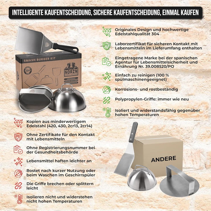 Smash Burger Set – Burger Smasher Set inkl. Hamburgerpresse, Burgerglocke Edelstahl 304, Grillspacht