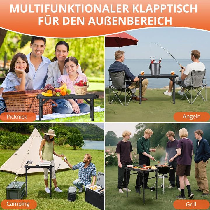 FUNYKICH Campingtisch Klapptisch 58x40cm, Faltbarer Picknicktisch mit 3 Höhenverstellbar(26/48/67cm)