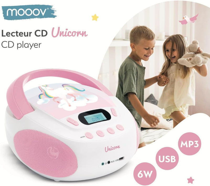 MOOOV 477407 CD-Player Einhorn für Kinder, mit USB-Port Rosa, Rosa